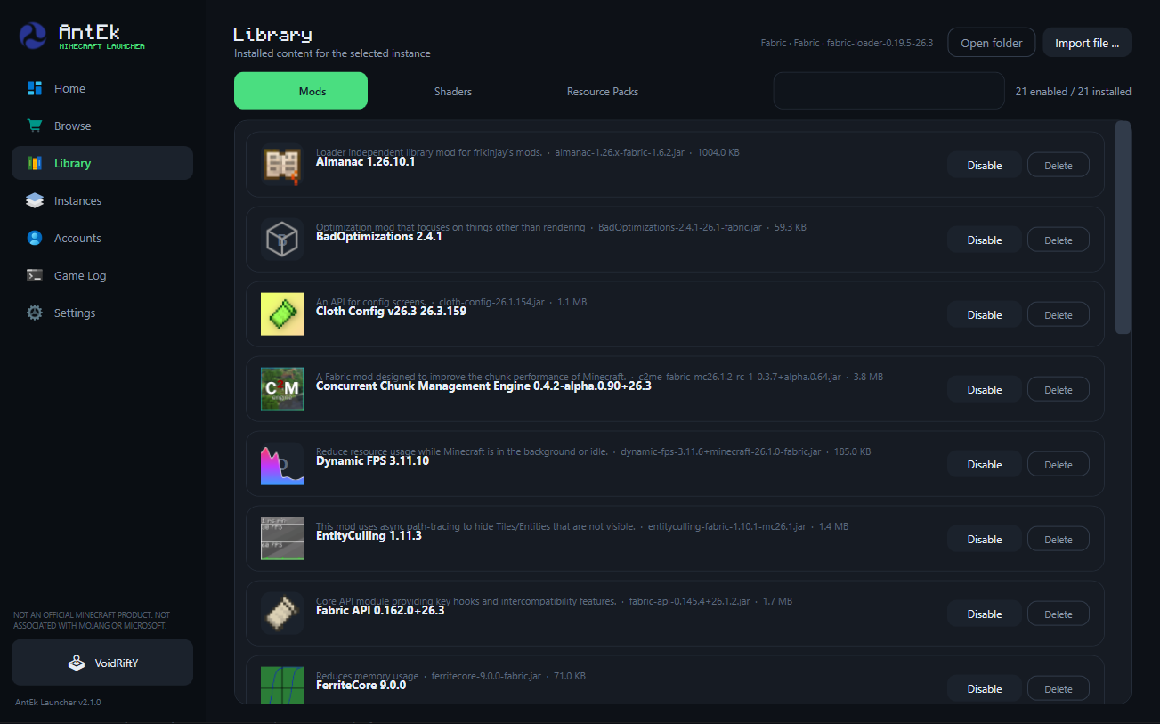 The AntEk content library showing installed mods